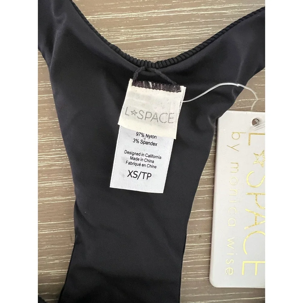L*Space Tara Ribbed Bikini Top Black XS/TP Tie Front Racerback Swimsuit‎